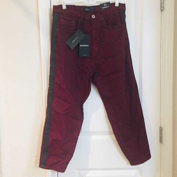 ZARA MAN Burgundy Loose Fit Racer Stripe Cropped Jeans 31x23 Denim Mens NWT - Picture 5 of 8